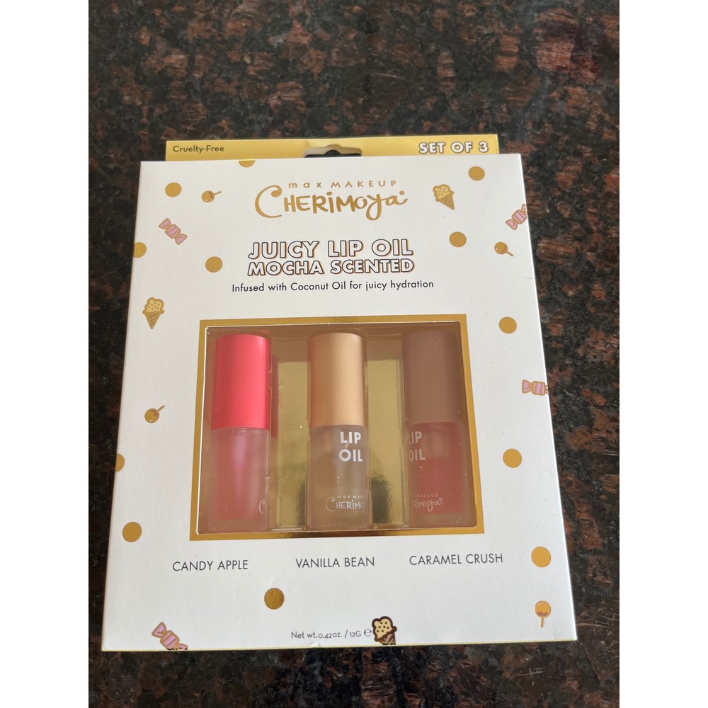 Max Makeu Cherimoya Juicy Lip Oil Set Mocha Scented 3pk Candy Apple Vanilla Bean